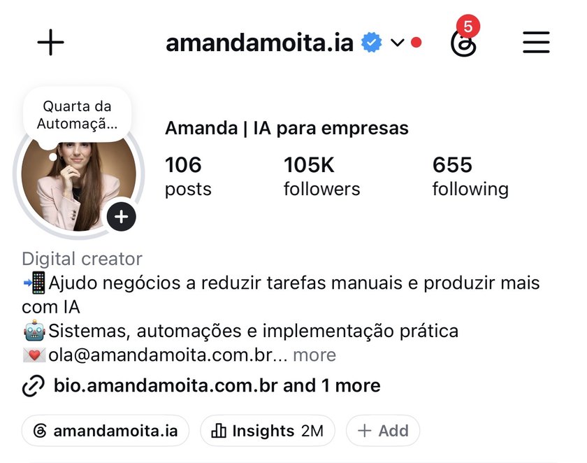 Print do perfil @amandamoita.ia no Instagram