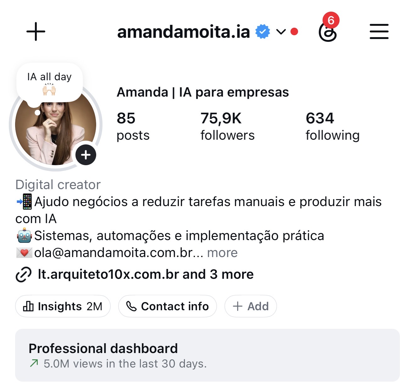 Perfil @amandamoita.ia com 75,9 mil seguidores e 5 milhões de visualizações nos últimos 30 dias