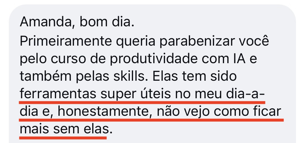 Print de mensagem de aluno agradecendo pelo curso e pelas skills